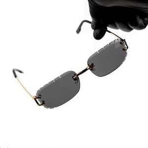 Dark Black Tint Rimless Hand Carved Diamond Cut Lens Men' Gold Frame Sunglasses